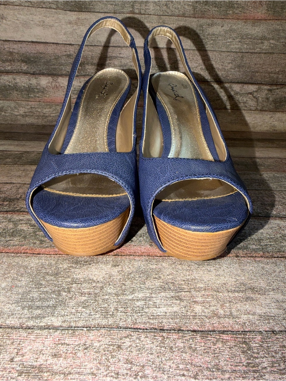 Qupid Navy Blue Peep-Toe Slingback Platform Heels with Wood-Look Platform - Picture 4 of 8